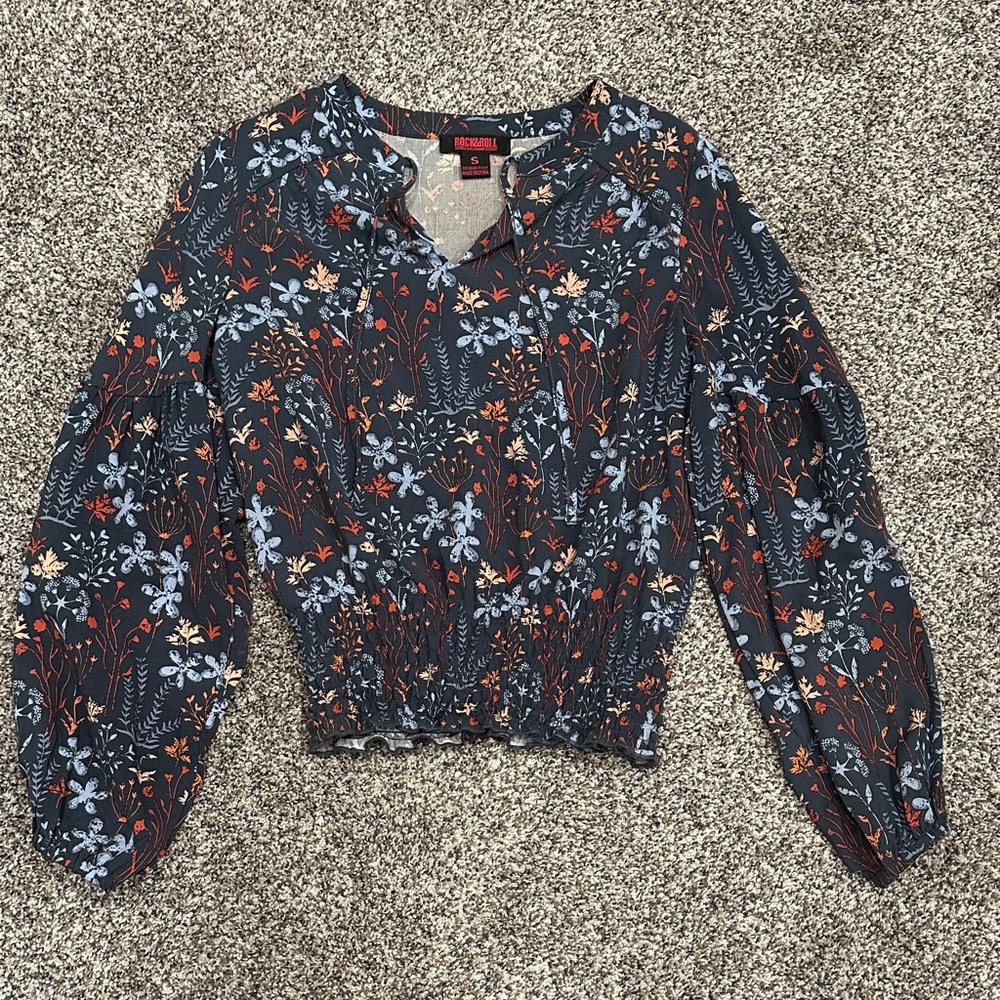 Rock & Roll Cowgirl Blue Puff Sleeve Crop Top - image 1